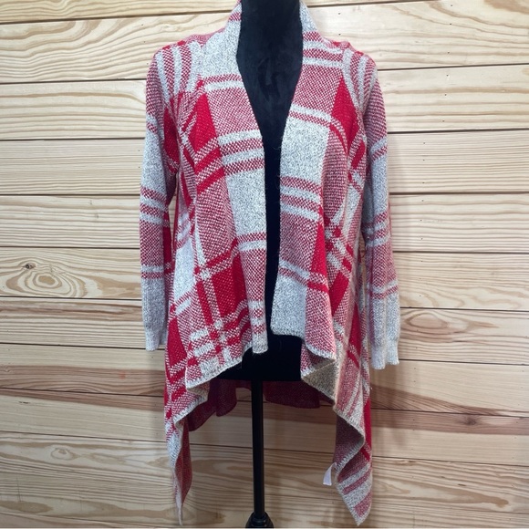 grace & emma Sweaters - Open front cardigan gray and red winter cover up asymmetrical womens large